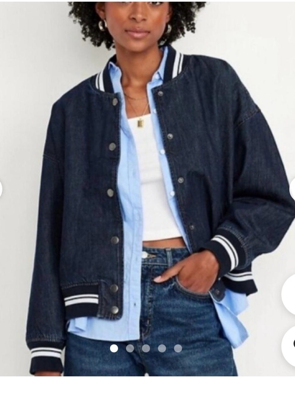 Old Navy Women's Dark Denim Varsity Jacket with Stripe Trim